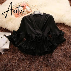Aiertu Spring and Summer New Female Deep V-neck Ruffles Lace Up Stain Shirt Women's Three Quarter Sleeve Shirts Women Blouses Aiertu