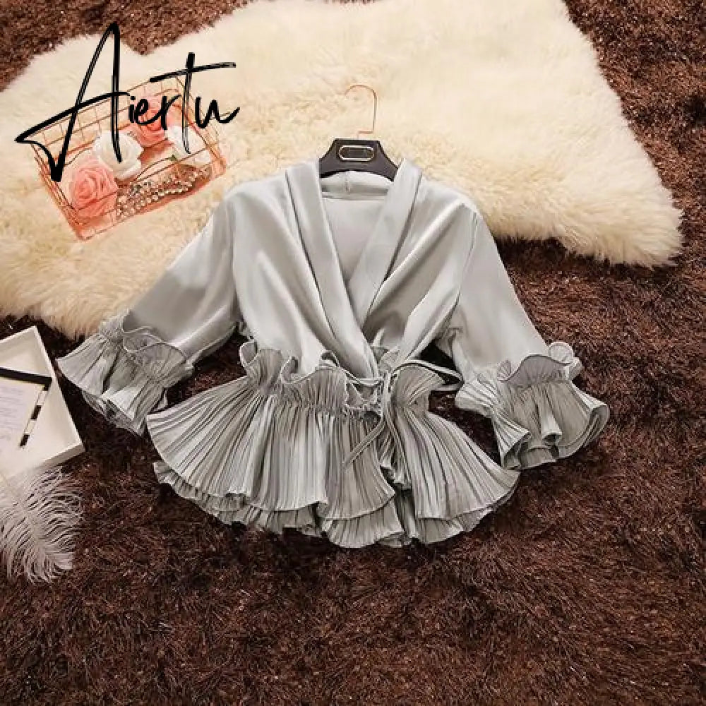 Aiertu Spring and Summer New Female Deep V-neck Ruffles Lace Up Stain Shirt Women's Three Quarter Sleeve Shirts Women Blouses Aiertu