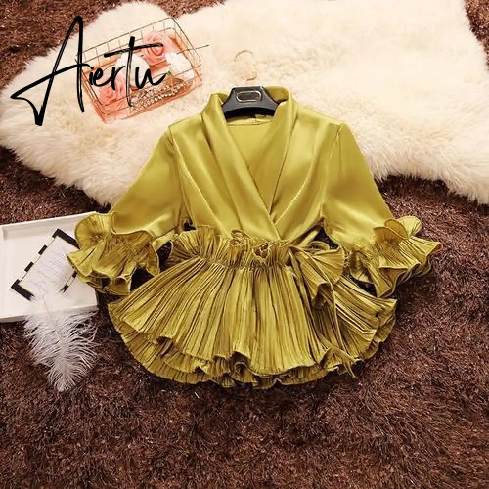Aiertu Spring and Summer New Female Deep V-neck Ruffles Lace Up Stain Shirt Women's Three Quarter Sleeve Shirts Women Blouses Aiertu