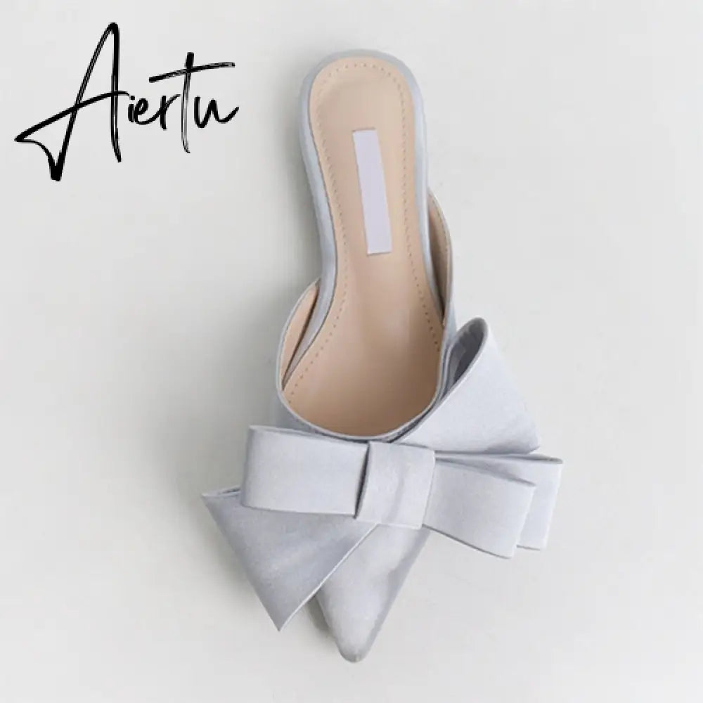 Aiertu spring and summer women's shoes Korean silk satin Pointed bow tie slippers Baotou flat heel sets semi slippers Aiertu