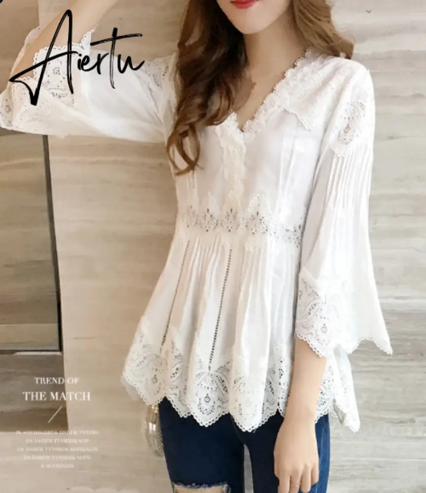 Aiertu Spring Autumn New Arrival Women Sweet Ruffles V-Neck Fashion Lace Shirt Patchwork Hollow Out Women Blouses Casual Tops Plus size Aiertu