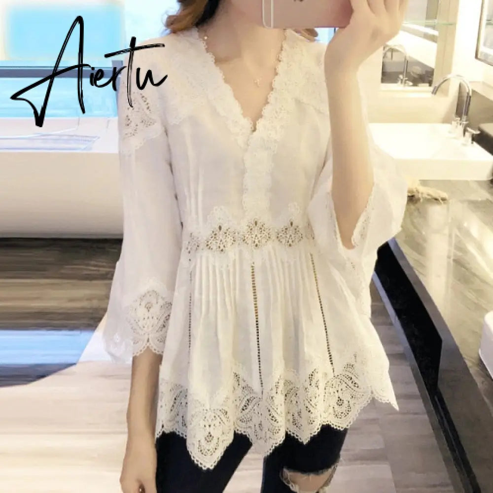 Aiertu Spring Autumn New Arrival Women Sweet Ruffles V-Neck Fashion Lace Shirt Patchwork Hollow Out Women Blouses Casual Tops Plus size Aiertu