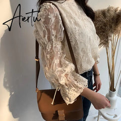 Aiertu Spring Autumn New Girl Chiffon shirt Fashion embroidered lace Tops Elegant Flare sleeve Casual Women blouse Blusa womens blouses Aiertu