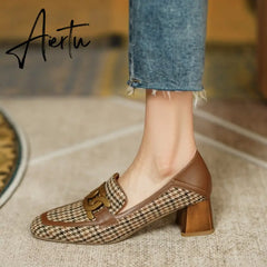 Aiertu  Spring/Autumn New Women Party Prom Square Heeled Pumps Basic Concise Pumps Cow Leather Brand Round Toe Loafers Woman Aiertu