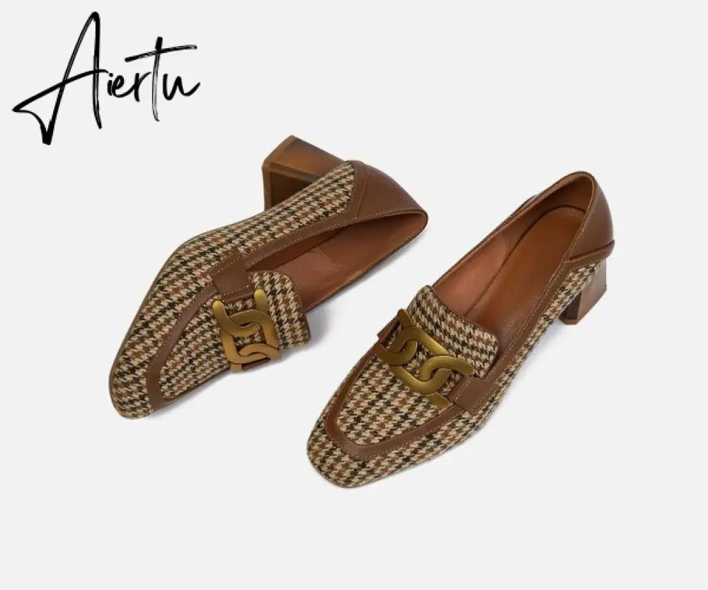 Aiertu  Spring/Autumn New Women Party Prom Square Heeled Pumps Basic Concise Pumps Cow Leather Brand Round Toe Loafers Woman Aiertu