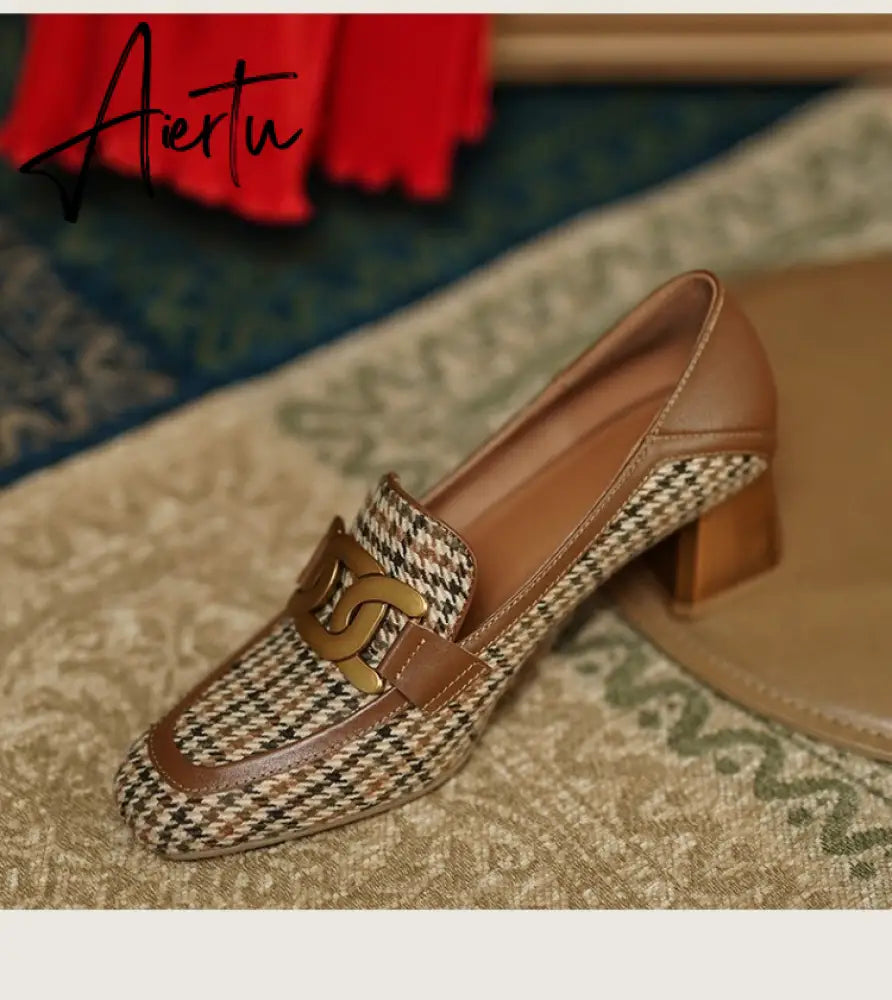Aiertu  Spring/Autumn New Women Party Prom Square Heeled Pumps Basic Concise Pumps Cow Leather Brand Round Toe Loafers Woman Aiertu