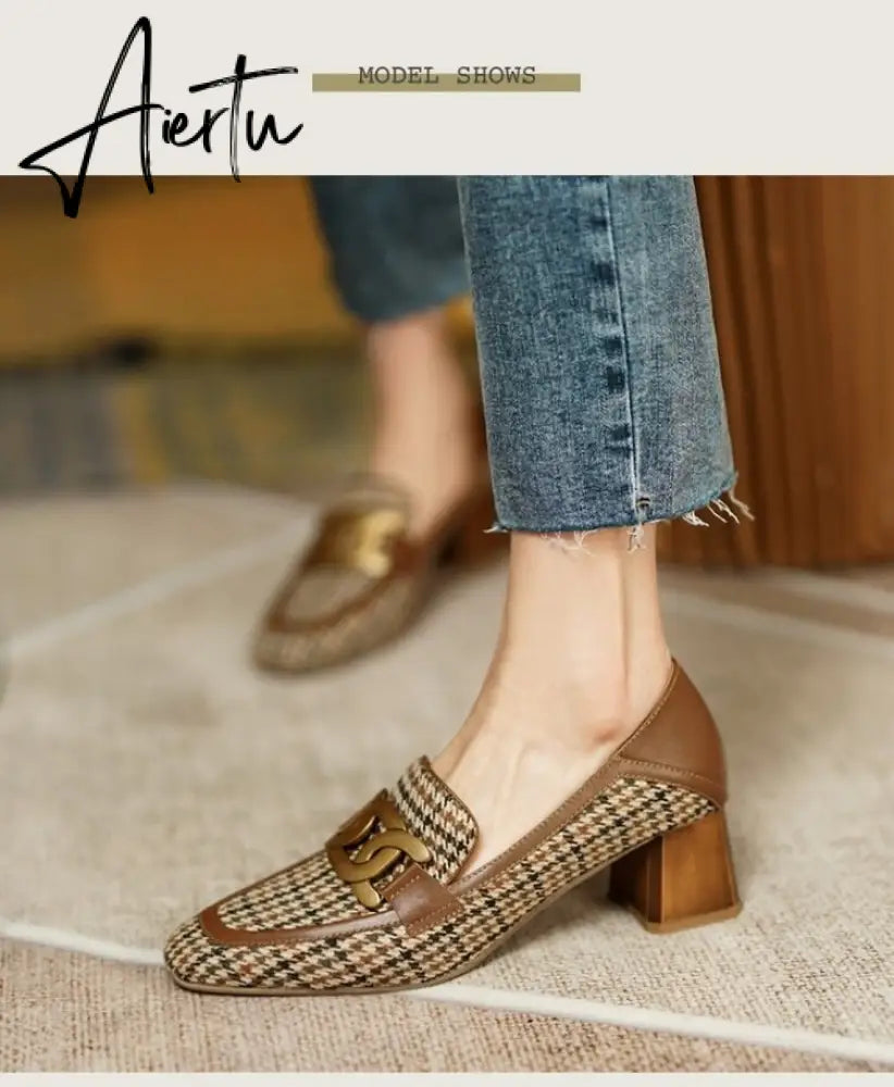 Aiertu  Spring/Autumn New Women Party Prom Square Heeled Pumps Basic Concise Pumps Cow Leather Brand Round Toe Loafers Woman Aiertu