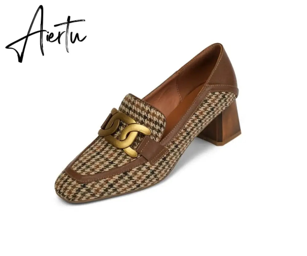 Aiertu  Spring/Autumn New Women Party Prom Square Heeled Pumps Basic Concise Pumps Cow Leather Brand Round Toe Loafers Woman Aiertu