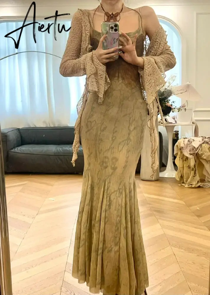 Aiertu Spring Autumn Sexy Vintage Fashion Printing Mermaid Robe Irregular Cardigan Set Female Sleeveless Elegant Slim Dress Top Suit Aiertu