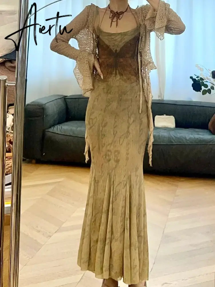 Aiertu Spring Autumn Sexy Vintage Fashion Printing Mermaid Robe Irregular Cardigan Set Female Sleeveless Elegant Slim Dress Top Suit Aiertu