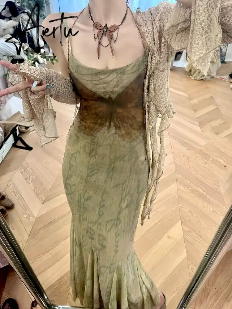 Aiertu Spring Autumn Sexy Vintage Fashion Printing Mermaid Robe Irregular Cardigan Set Female Sleeveless Elegant Slim Dress Top Suit Aiertu