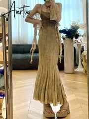 Aiertu Spring Autumn Sexy Vintage Fashion Printing Mermaid Robe Irregular Cardigan Set Female Sleeveless Elegant Slim Dress Top Suit Aiertu