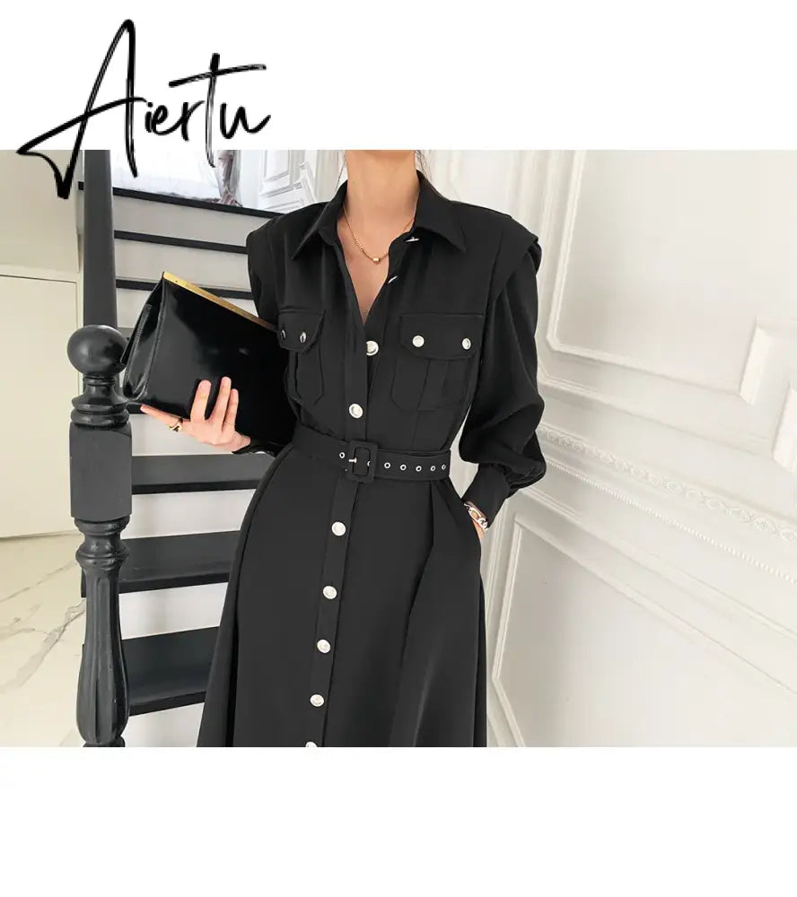 Aiertu Spring Autumn Women Dress Fashion Female Puff Sleeve Vintage Solid Midi Shirt Dress Casual Single Breasted Waistband Chic Dress Aiertu