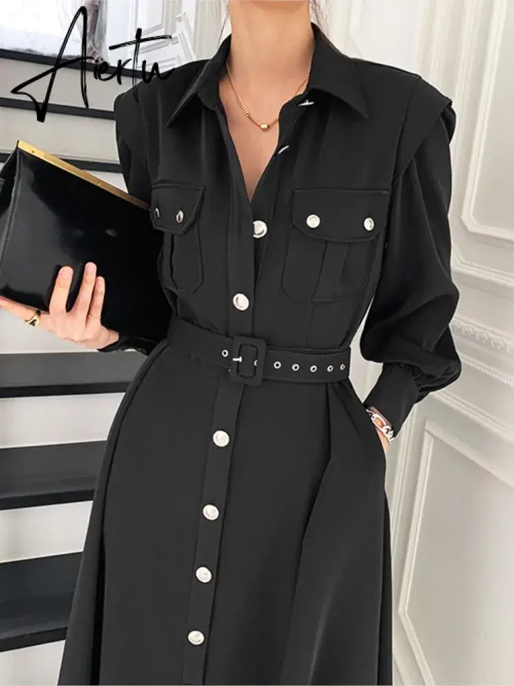 Aiertu Spring Autumn Women Dress Fashion Female Puff Sleeve Vintage Solid Midi Shirt Dress Casual Single Breasted Waistband Chic Dress Aiertu