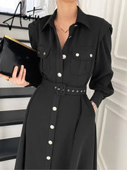 Aiertu Spring Autumn Women Dress Fashion Female Puff Sleeve Vintage Solid Midi Shirt Dress Casual Single Breasted Waistband Chic Dress Aiertu