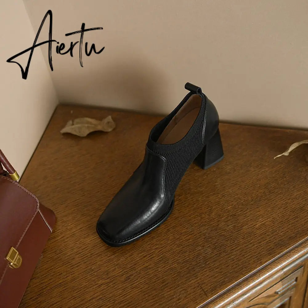 Aiertu Spring/Autumn Women Party Prom Chunky Heel Pumps Genuine Leather Pumps Square Toe Loafers Woman High Heels Shoes for Women Aiertu