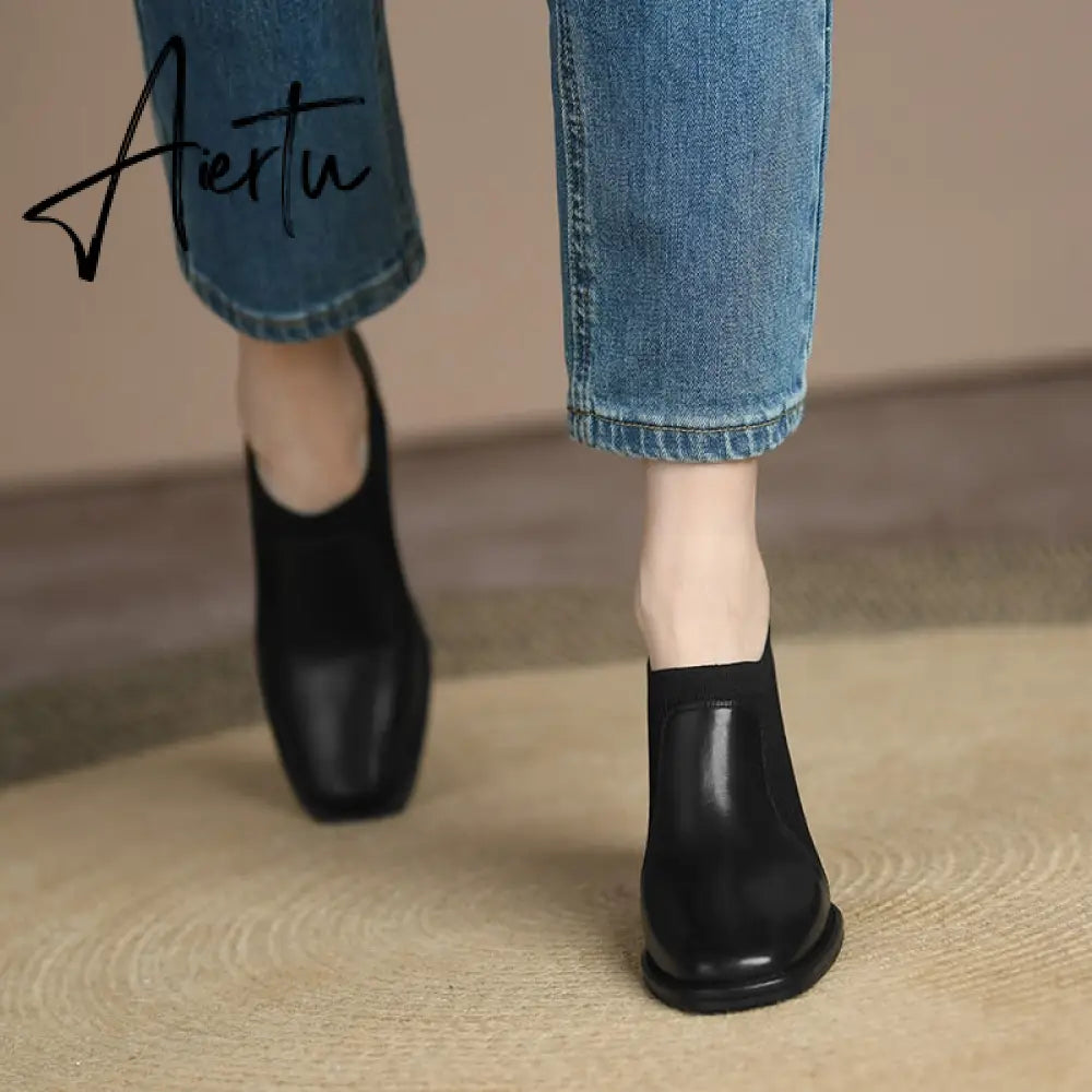 Aiertu Spring/Autumn Women Party Prom Chunky Heel Pumps Genuine Leather Pumps Square Toe Loafers Woman High Heels Shoes for Women Aiertu
