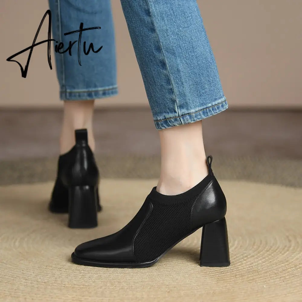 Aiertu Spring/Autumn Women Party Prom Chunky Heel Pumps Genuine Leather Pumps Square Toe Loafers Woman High Heels Shoes for Women Aiertu