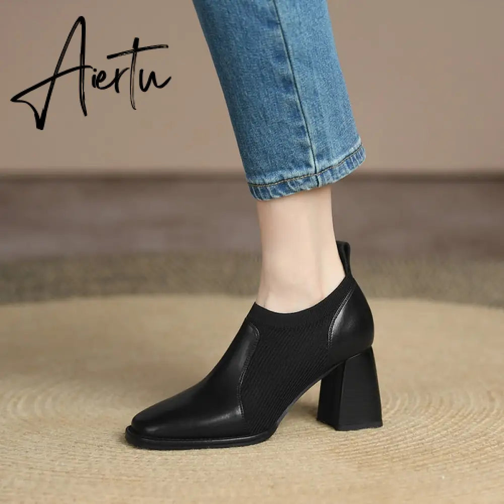 Aiertu Spring/Autumn Women Party Prom Chunky Heel Pumps Genuine Leather Pumps Square Toe Loafers Woman High Heels Shoes for Women Aiertu