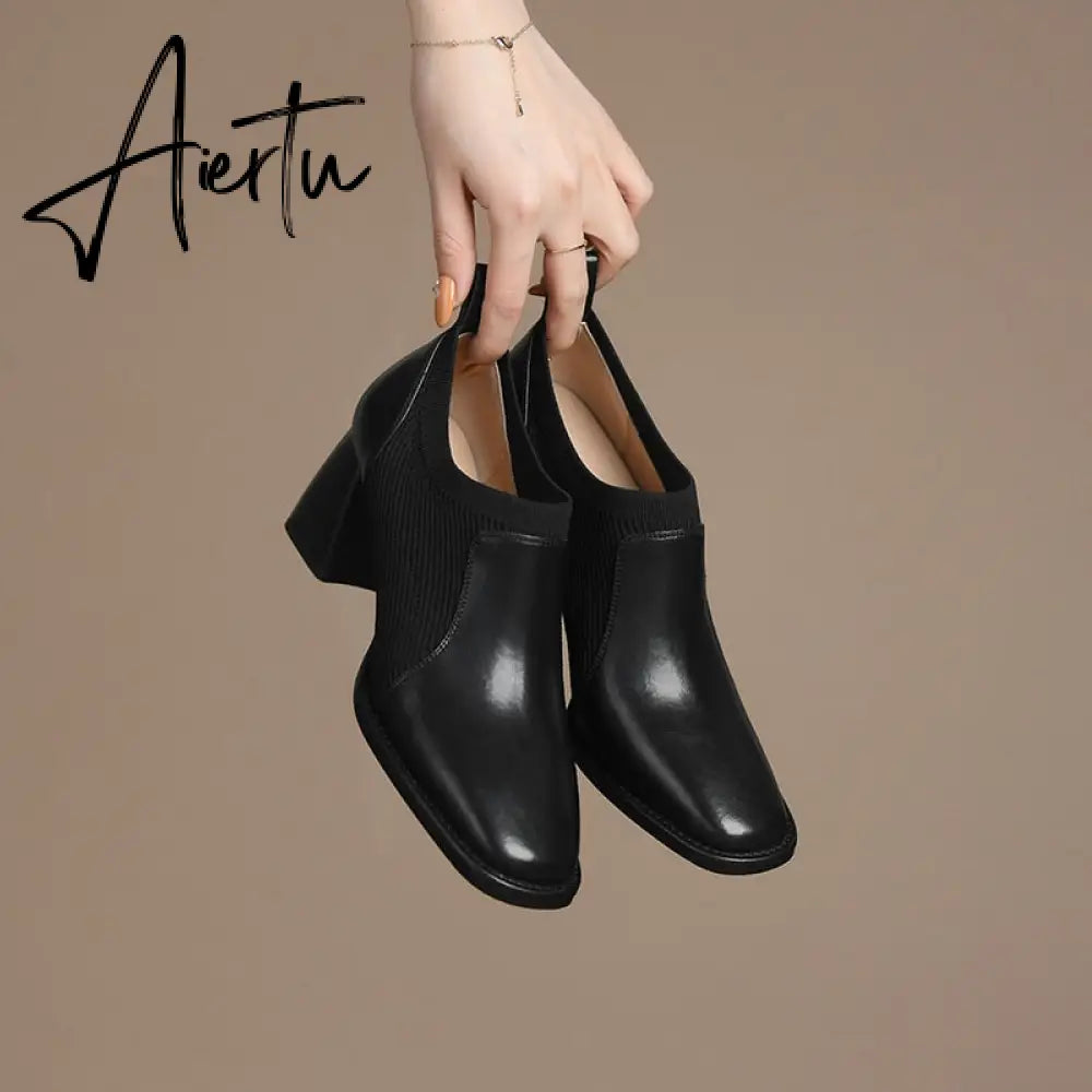 Aiertu Spring/Autumn Women Party Prom Chunky Heel Pumps Genuine Leather Pumps Square Toe Loafers Woman High Heels Shoes for Women Aiertu