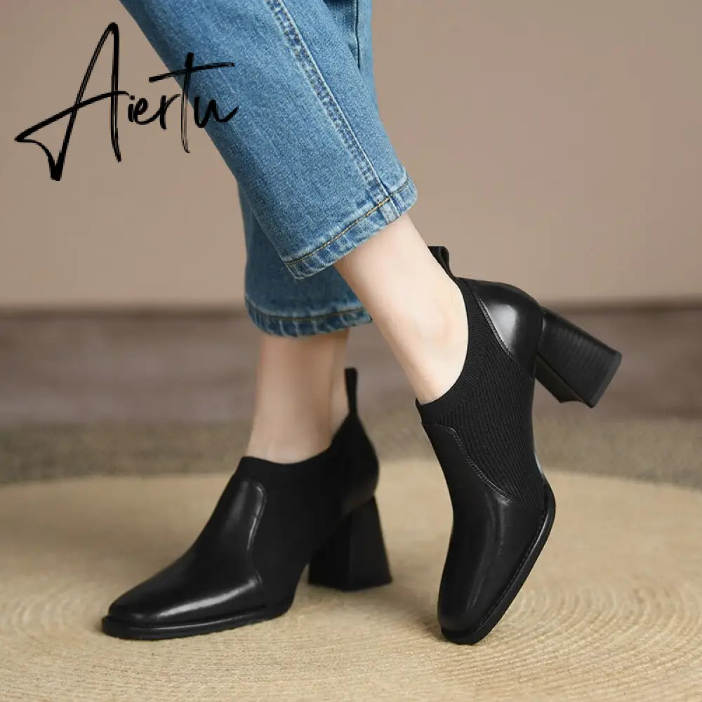 Aiertu Spring/Autumn Women Party Prom Chunky Heel Pumps Genuine Leather Pumps Square Toe Loafers Woman High Heels Shoes for Women Aiertu