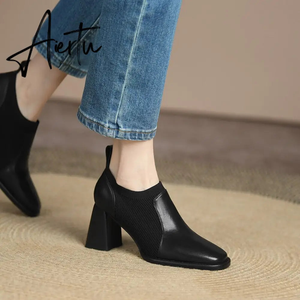 Aiertu Spring/Autumn Women Party Prom Chunky Heel Pumps Genuine Leather Pumps Square Toe Loafers Woman High Heels Shoes for Women Aiertu