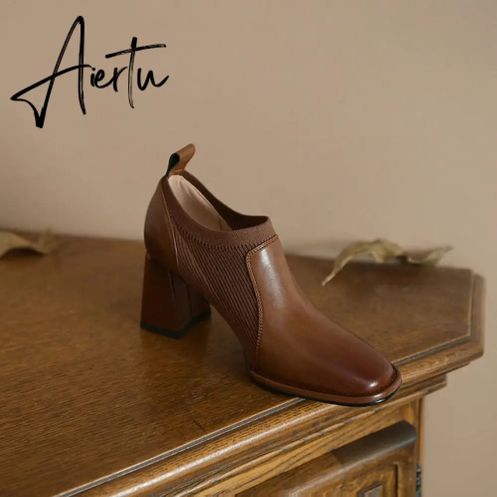 Aiertu Spring/Autumn Women Party Prom Chunky Heel Pumps Genuine Leather Pumps Square Toe Loafers Woman High Heels Shoes for Women Aiertu