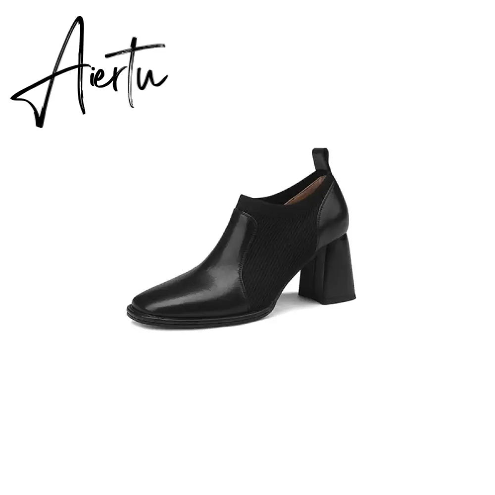 Aiertu Spring/Autumn Women Party Prom Chunky Heel Pumps Genuine Leather Pumps Square Toe Loafers Woman High Heels Shoes for Women Aiertu