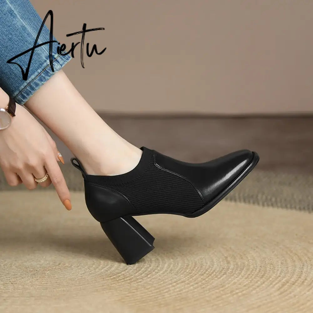 Aiertu Spring/Autumn Women Party Prom Chunky Heel Pumps Genuine Leather Pumps Square Toe Loafers Woman High Heels Shoes for Women Aiertu