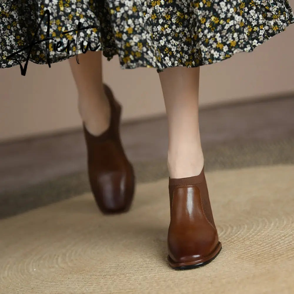 Aiertu Spring/Autumn Women Party Prom Chunky Heel Pumps Genuine Leather Pumps Square Toe Loafers Woman High Heels Shoes for Women Aiertu