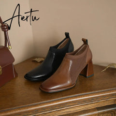 Aiertu Spring/Autumn Women Party Prom Chunky Heel Pumps Genuine Leather Pumps Square Toe Loafers Woman High Heels Shoes for Women Aiertu