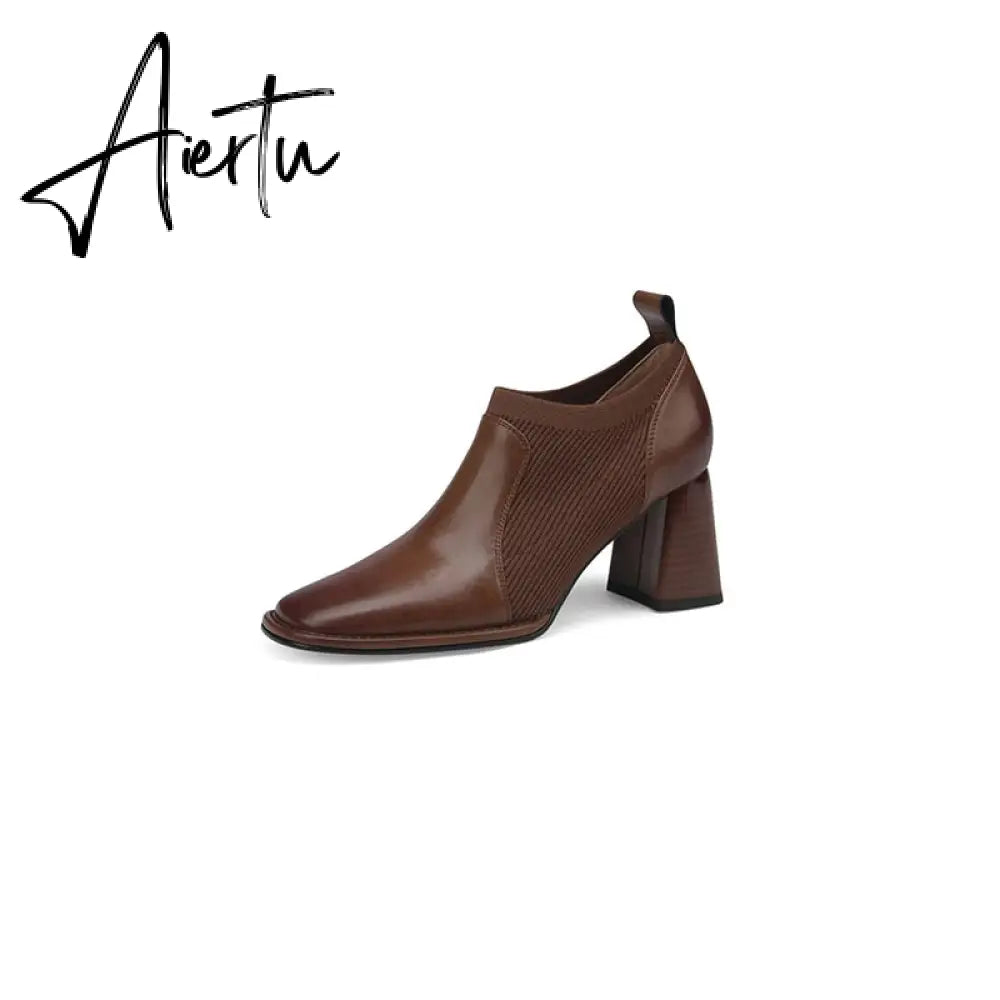 Aiertu Spring/Autumn Women Party Prom Chunky Heel Pumps Genuine Leather Pumps Square Toe Loafers Woman High Heels Shoes for Women Aiertu