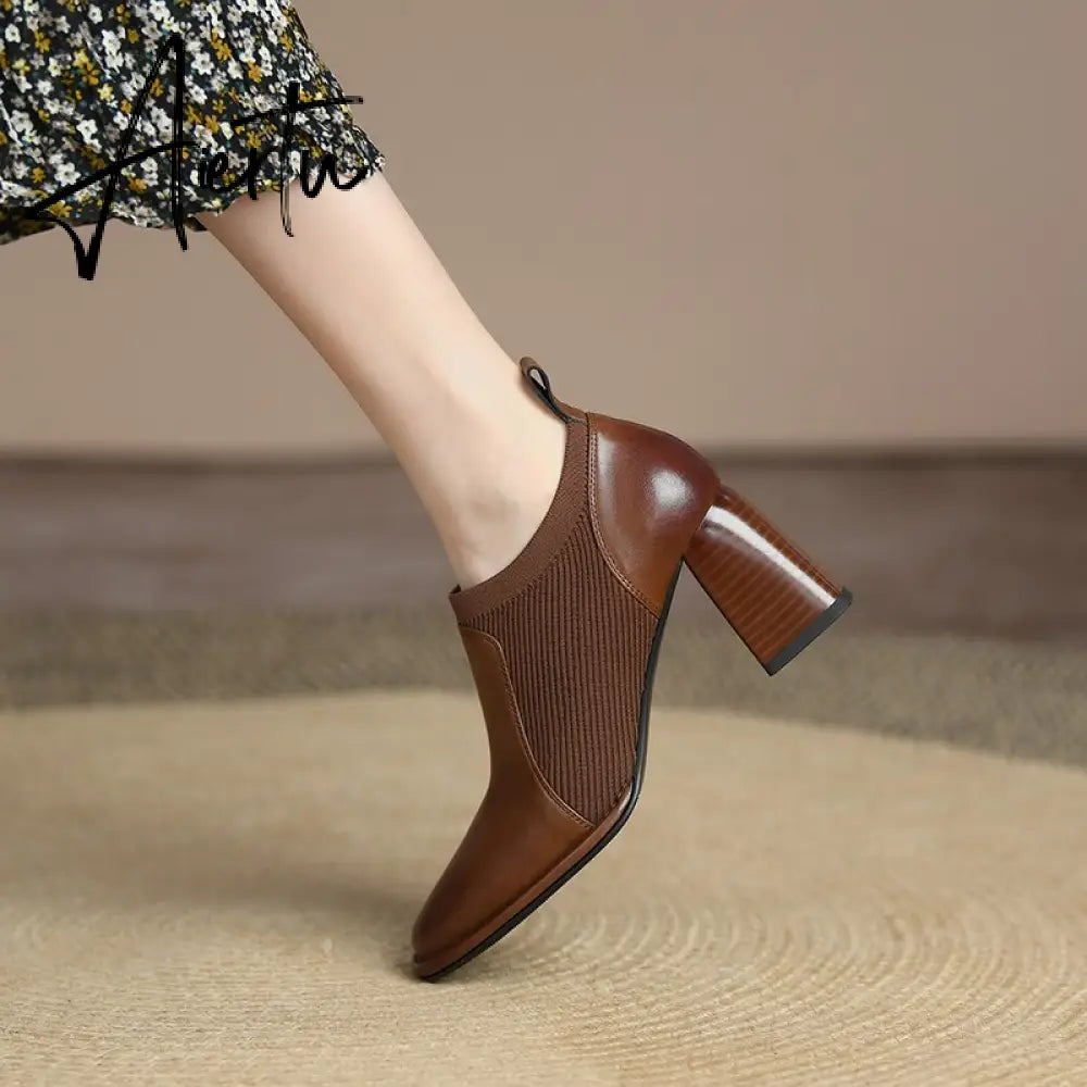 Aiertu Spring/Autumn Women Party Prom Chunky Heel Pumps Genuine Leather Pumps Square Toe Loafers Woman High Heels Shoes for Women Aiertu