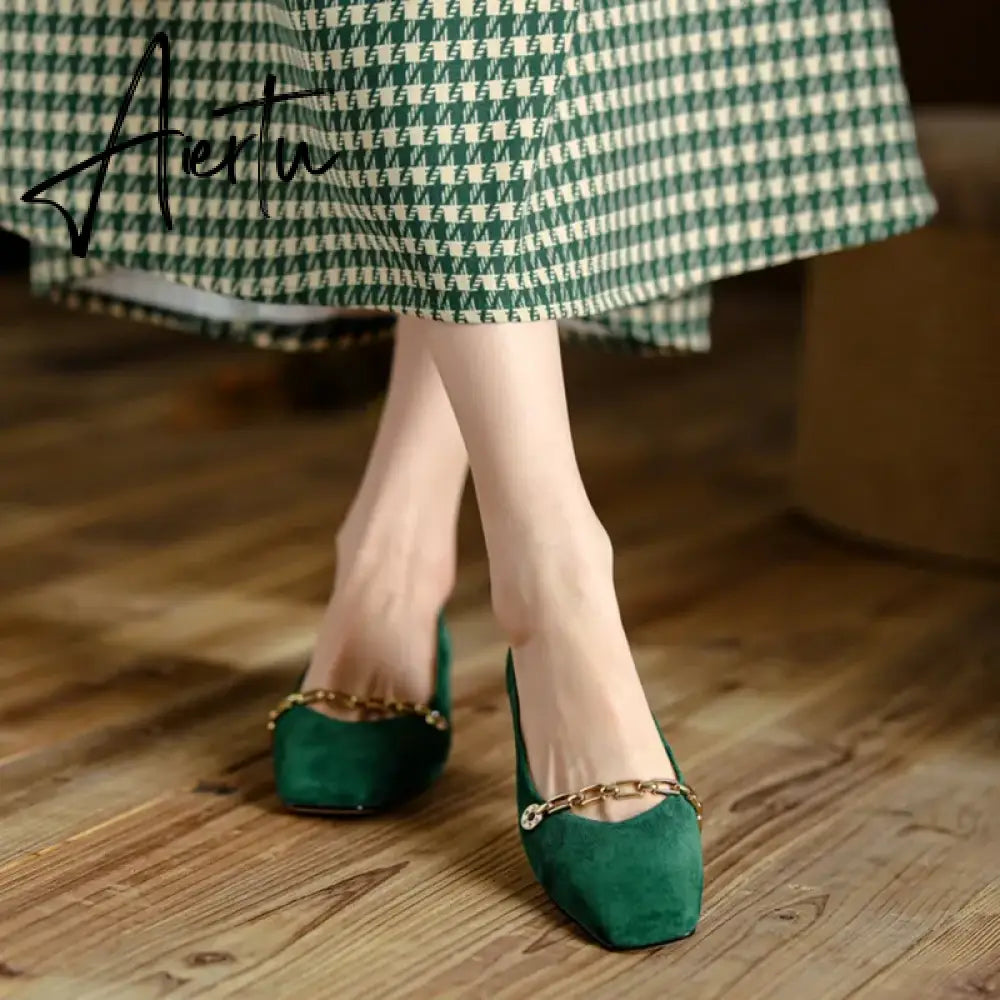 Aiertu Spring/Autumn Women Pumps Sheep Suede Leather Shoes for Women Square Toe Chunky Heel Women Shoes Chain Office Ladies High Heels Aiertu
