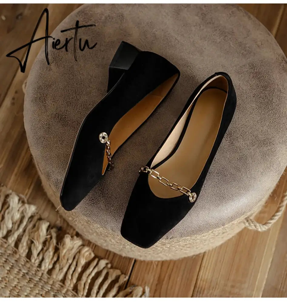 Aiertu Spring/Autumn Women Pumps Sheep Suede Leather Shoes for Women Square Toe Chunky Heel Women Shoes Chain Office Ladies High Heels Aiertu