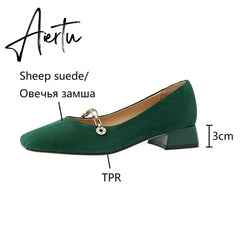 Aiertu Spring/Autumn Women Pumps Sheep Suede Leather Shoes for Women Square Toe Chunky Heel Women Shoes Chain Office Ladies High Heels Aiertu