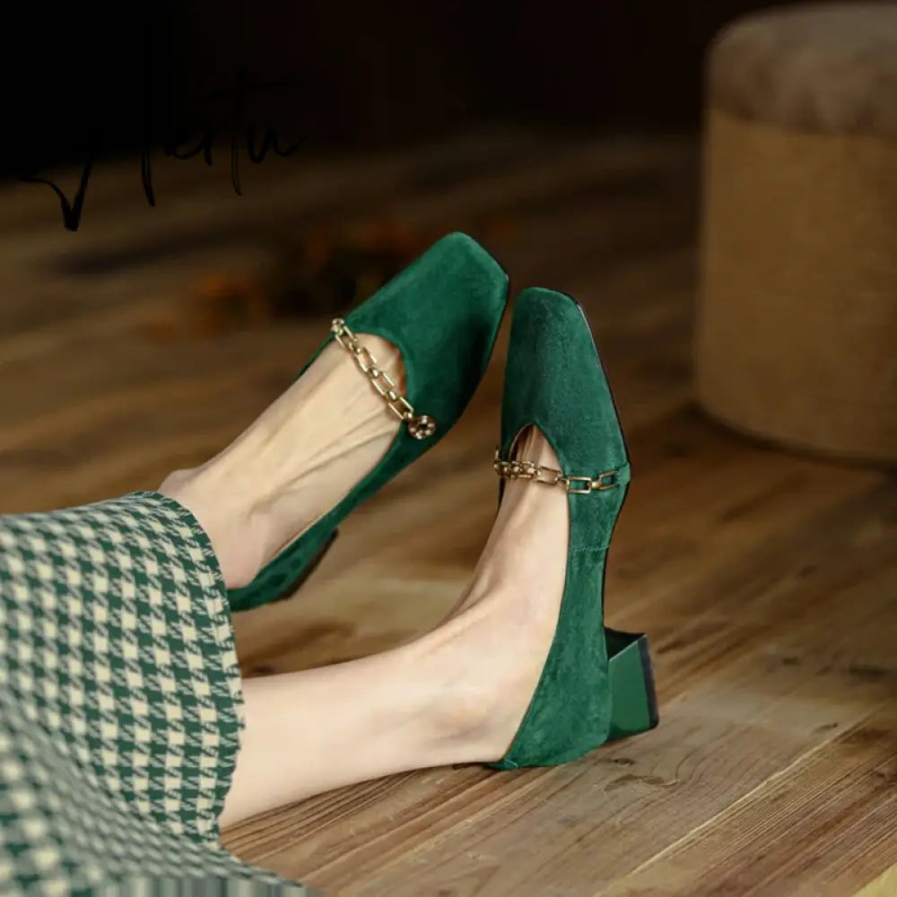 Aiertu Spring/Autumn Women Pumps Sheep Suede Leather Shoes for Women Square Toe Chunky Heel Women Shoes Chain Office Ladies High Heels Aiertu