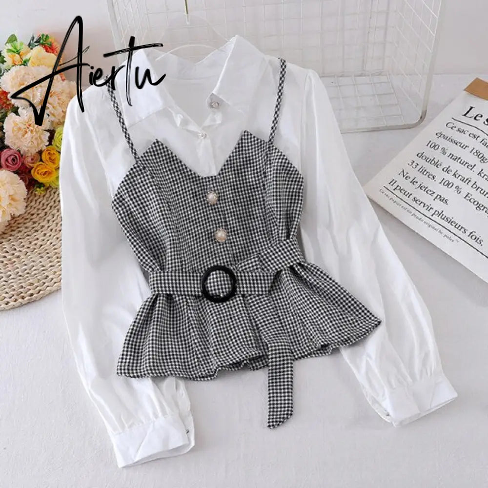 Aiertu Spring Autumn Women's Shirt Korean Striped Suspender Solid Color Long-Sleeved Blouse New Fake Two-Piece Tops Aiertu