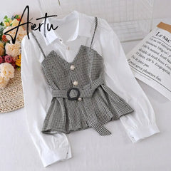 Aiertu Spring Autumn Women's Shirt Korean Striped Suspender Solid Color Long-Sleeved Blouse New Fake Two-Piece Tops Aiertu