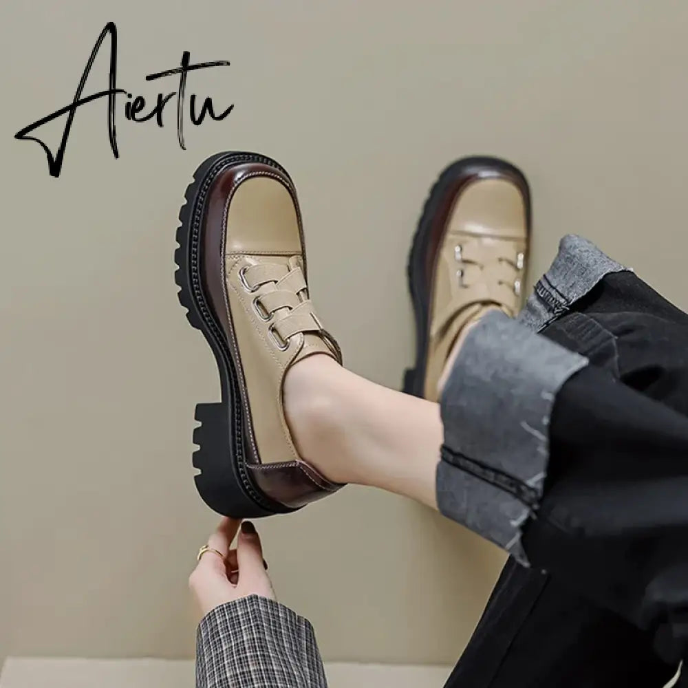 Aiertu Spring/Autumn Women Shoes Split Leather Shoes Round Toe Lace Up Platform Shoes Color Mixed Thick Heel Loafers for Women Sneakers Aiertu
