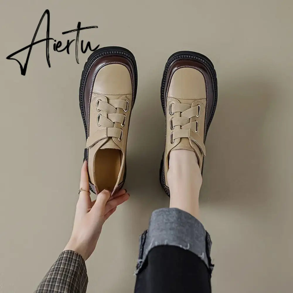 Aiertu Spring/Autumn Women Shoes Split Leather Shoes Round Toe Lace Up Platform Shoes Color Mixed Thick Heel Loafers for Women Sneakers Aiertu