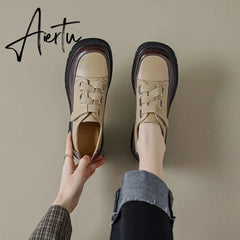 Aiertu Spring/Autumn Women Shoes Split Leather Shoes Round Toe Lace Up Platform Shoes Color Mixed Thick Heel Loafers for Women Sneakers Aiertu