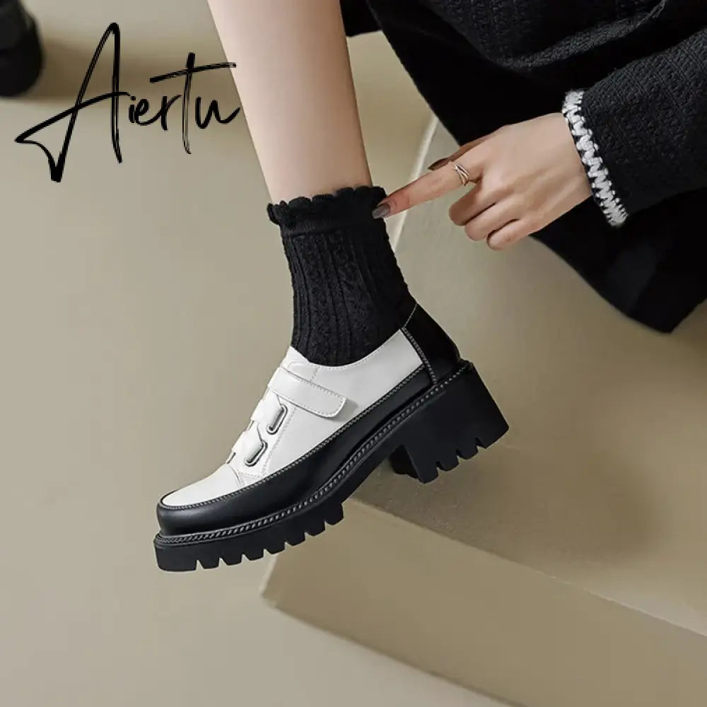 Aiertu Spring/Autumn Women Shoes Split Leather Shoes Round Toe Lace Up Platform Shoes Color Mixed Thick Heel Loafers for Women Sneakers Aiertu