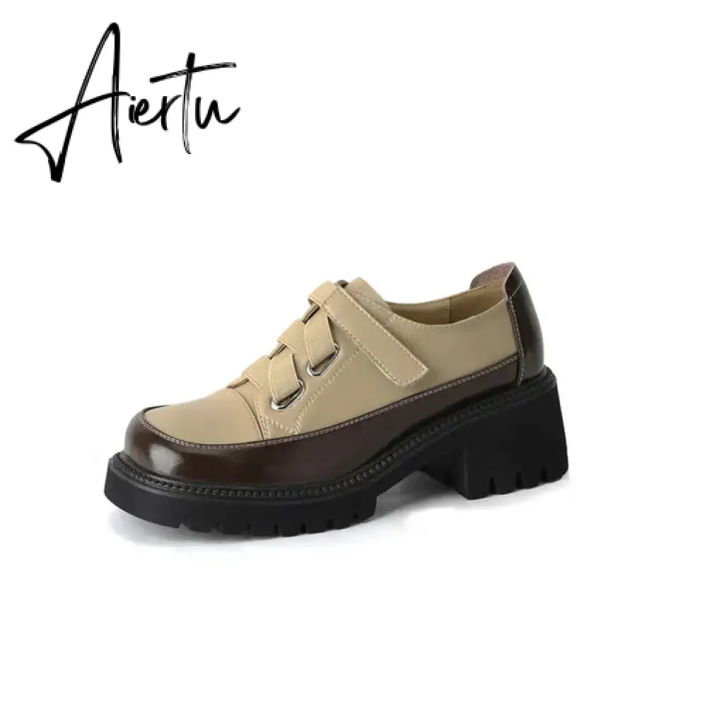 Aiertu Spring/Autumn Women Shoes Split Leather Shoes Round Toe Lace Up Platform Shoes Color Mixed Thick Heel Loafers for Women Sneakers Aiertu