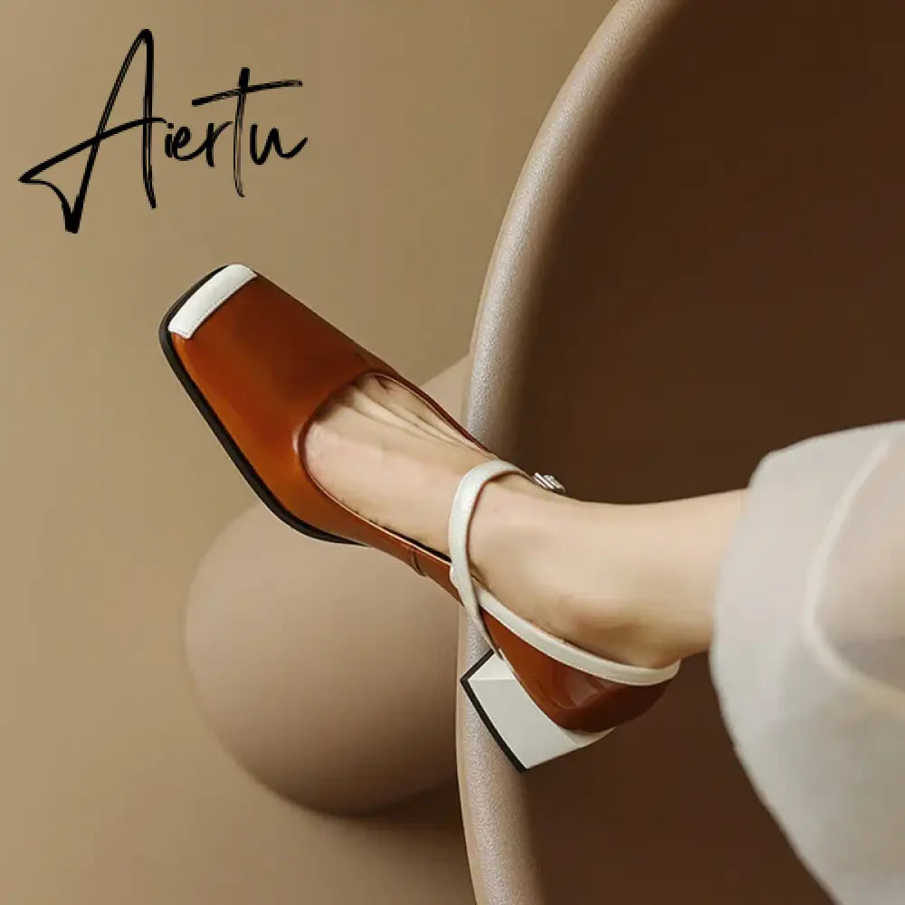 Aiertu  Spring/Autumn Women Shoes Square Toe Chunky Heel Mary Janes Mixed Color Women Pumps Patent Leather Shoes Fashion High Heels Aiertu