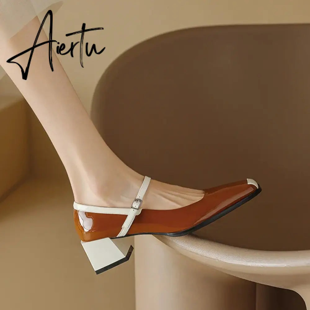 Aiertu  Spring/Autumn Women Shoes Square Toe Chunky Heel Mary Janes Mixed Color Women Pumps Patent Leather Shoes Fashion High Heels Aiertu