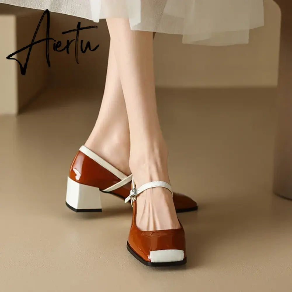 Aiertu  Spring/Autumn Women Shoes Square Toe Chunky Heel Mary Janes Mixed Color Women Pumps Patent Leather Shoes Fashion High Heels Aiertu