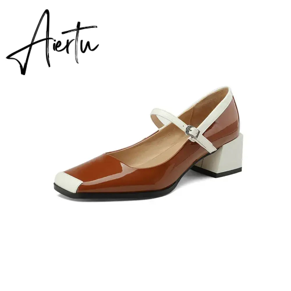 Aiertu  Spring/Autumn Women Shoes Square Toe Chunky Heel Mary Janes Mixed Color Women Pumps Patent Leather Shoes Fashion High Heels Aiertu