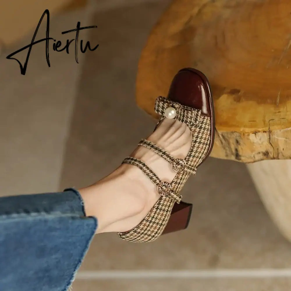Aiertu Spring/Autumn Women's Shoes Round Toe Chunky Heel Pumps Cotton Fabric Lattice High Heels Genuine Leather Retro Mary Janes Aiertu