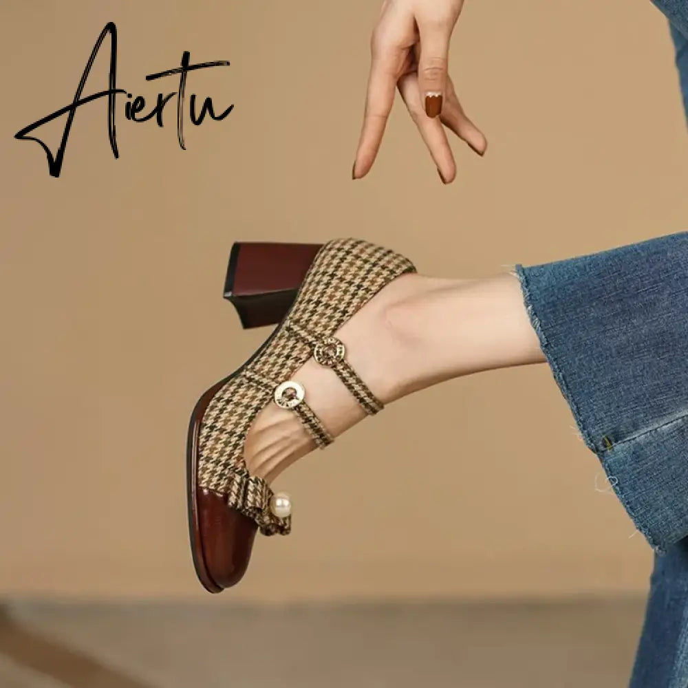 Aiertu Spring/Autumn Women's Shoes Round Toe Chunky Heel Pumps Cotton Fabric Lattice High Heels Genuine Leather Retro Mary Janes Aiertu